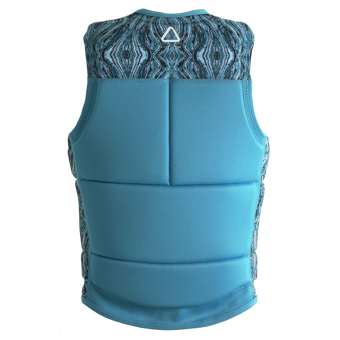 Follow Women's Harmony Impact Vest 2024 - A blue impact vest with a black and white patterned top, featuring a triangular logo at the back.