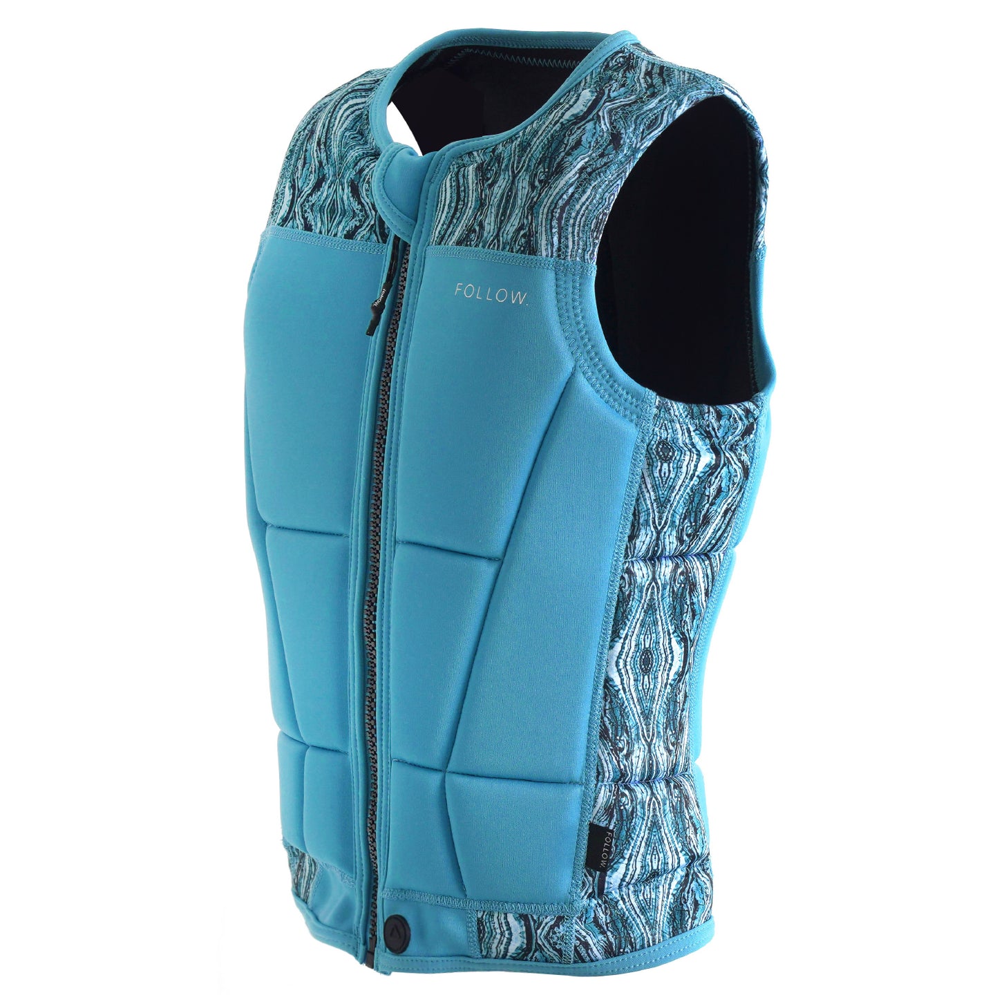 Follow Women's Harmony Impact Vest 2024 - A blue vest with a white and black marbled pattern on the shoulders and upper back, featuring a zip closure down the front.
