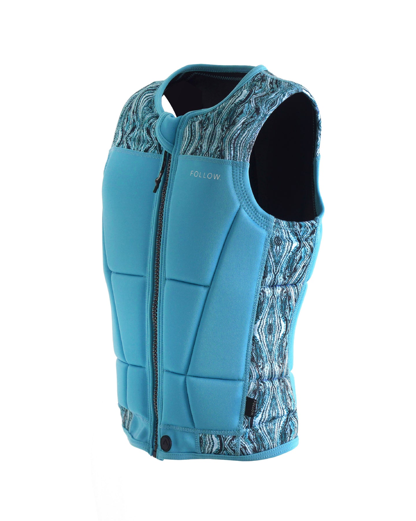 Follow Women's Harmony Impact Vest 2024 - A blue vest with a white and black marbled pattern on the shoulders and upper back, featuring a zip closure down the front.