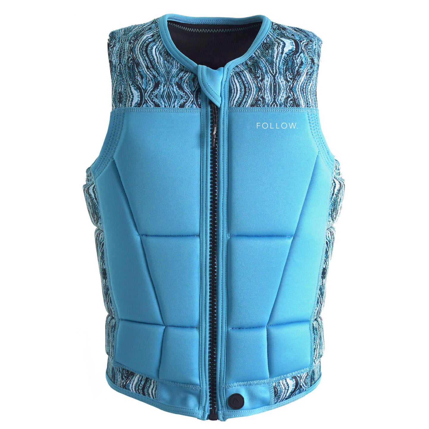 Follow Women's Harmony Impact Vest 2024 - A blue vest with a patterned collar and textured fabric on the sides.