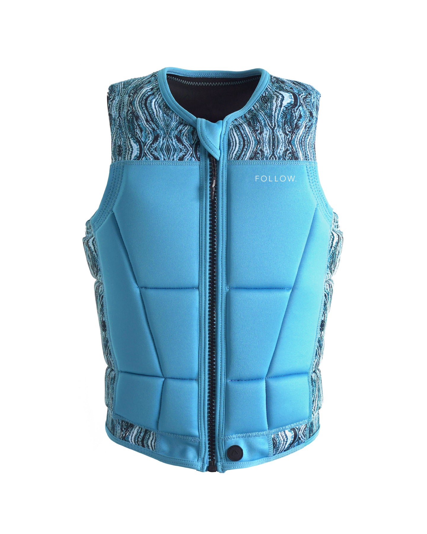 Follow Women's Harmony Impact Vest 2024 - A blue vest with a patterned collar and textured fabric on the sides.