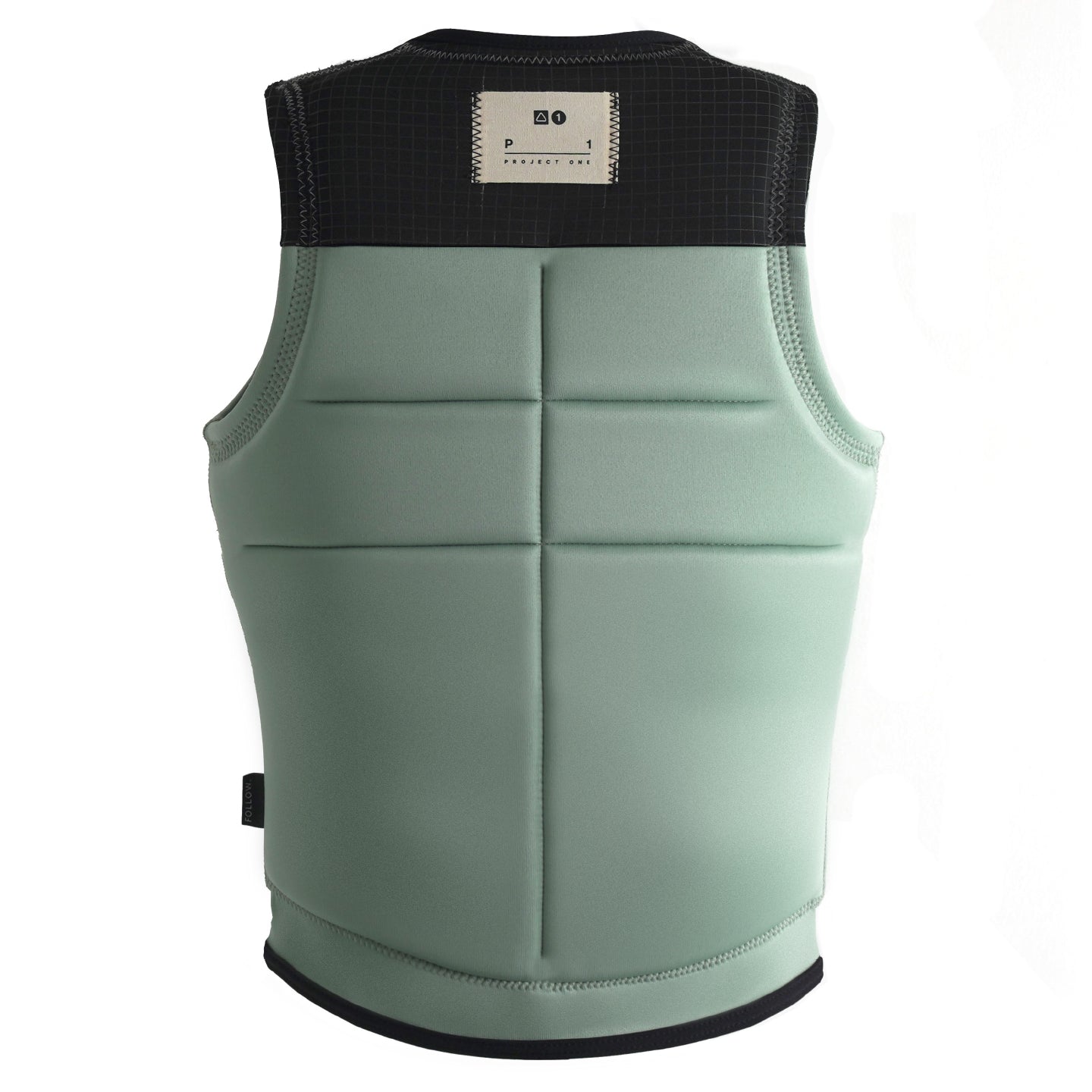 Follow Women's Project One Impact Vest 2024 - A mint green vest with a black grid pattern on the collar and shoulder straps.