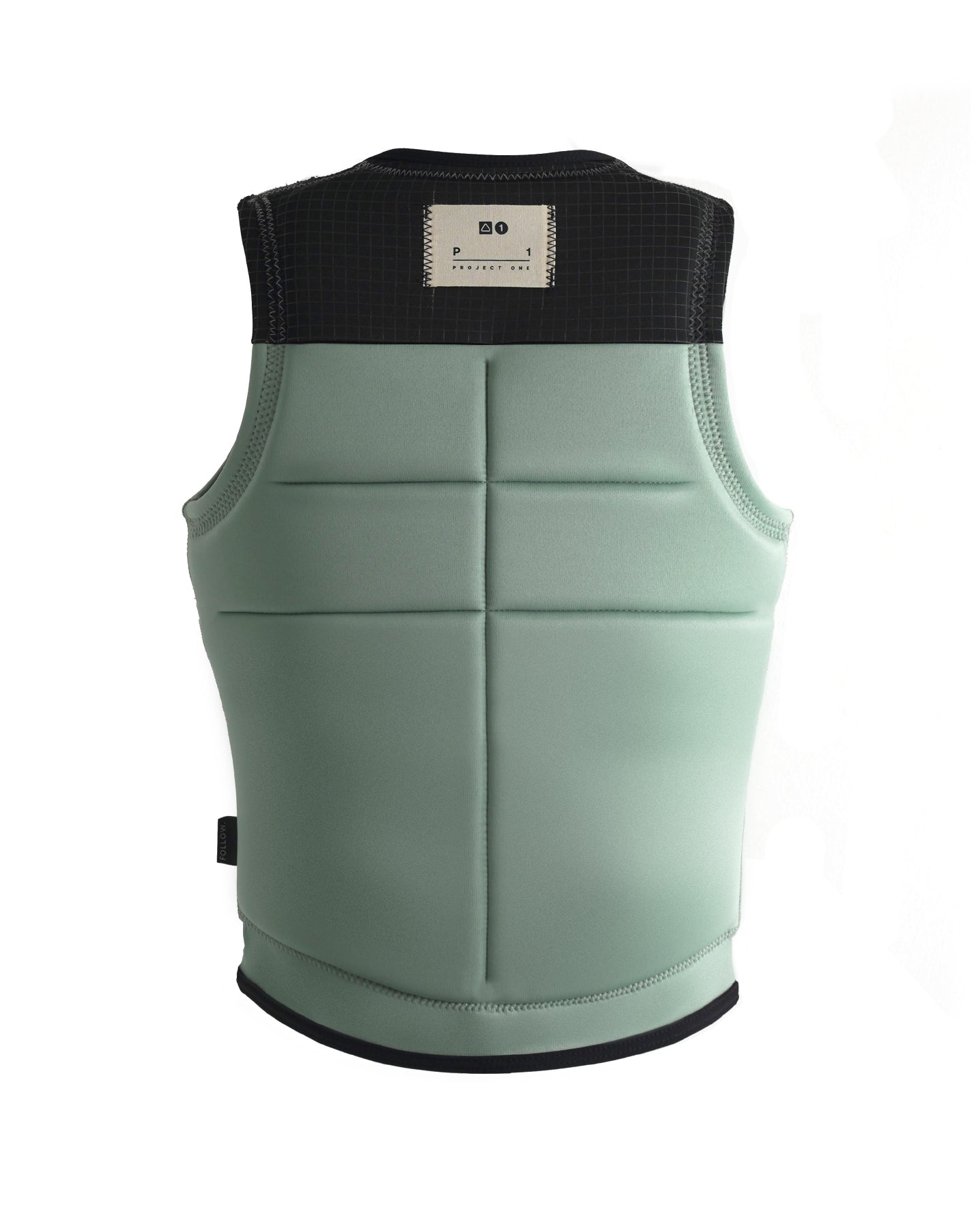 Follow Women's Project One Impact Vest 2024 - A mint green vest with a black grid pattern on the collar and shoulder straps.