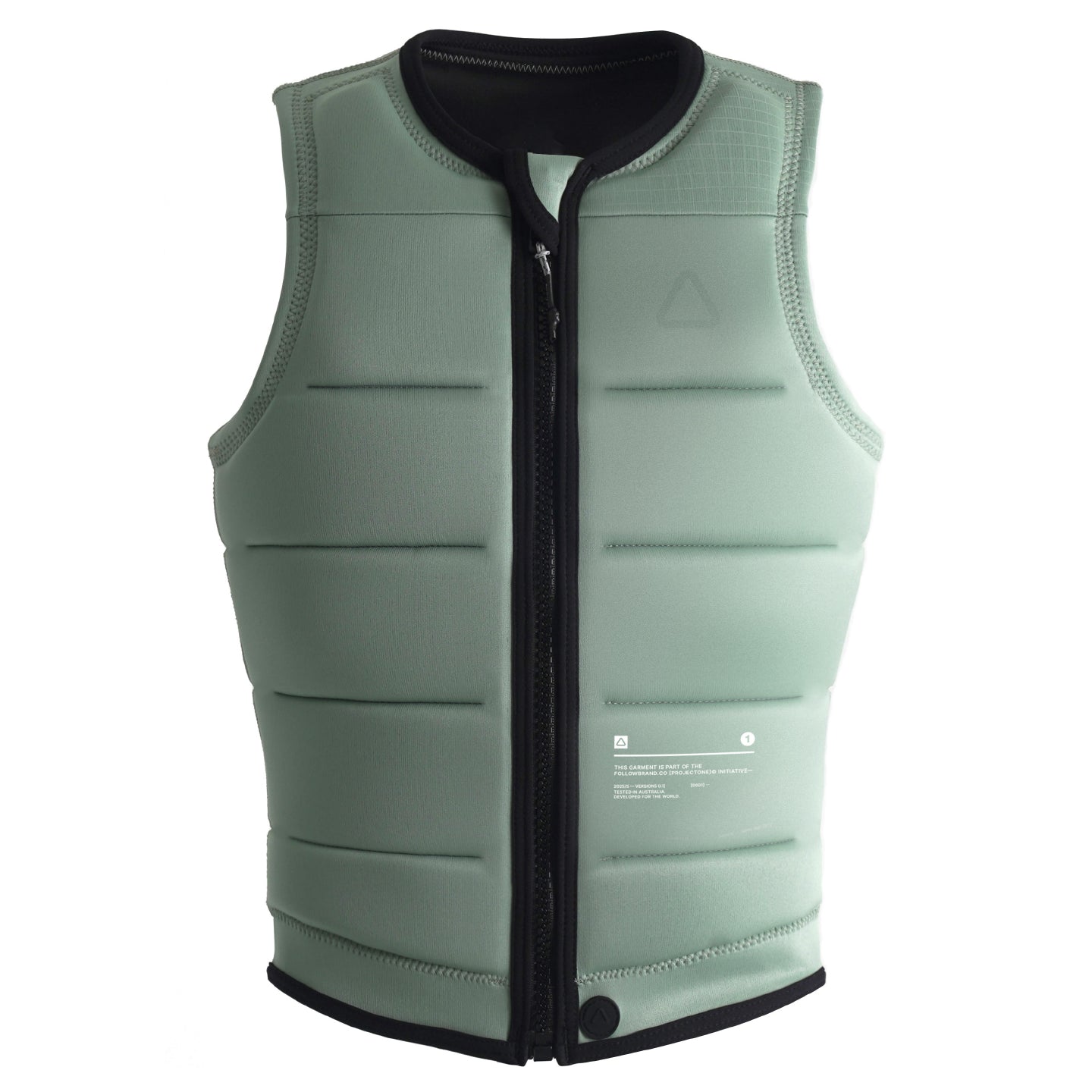 Follow Women's Project One Impact Vest 2024 - A sage green vest with a black zipper and logo on the chest, featuring horizontal stitching across the torso.