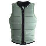 Follow Women's Project One Impact Vest 2024 - A sage green vest with a black zipper and logo on the chest, featuring horizontal stitching across the torso.