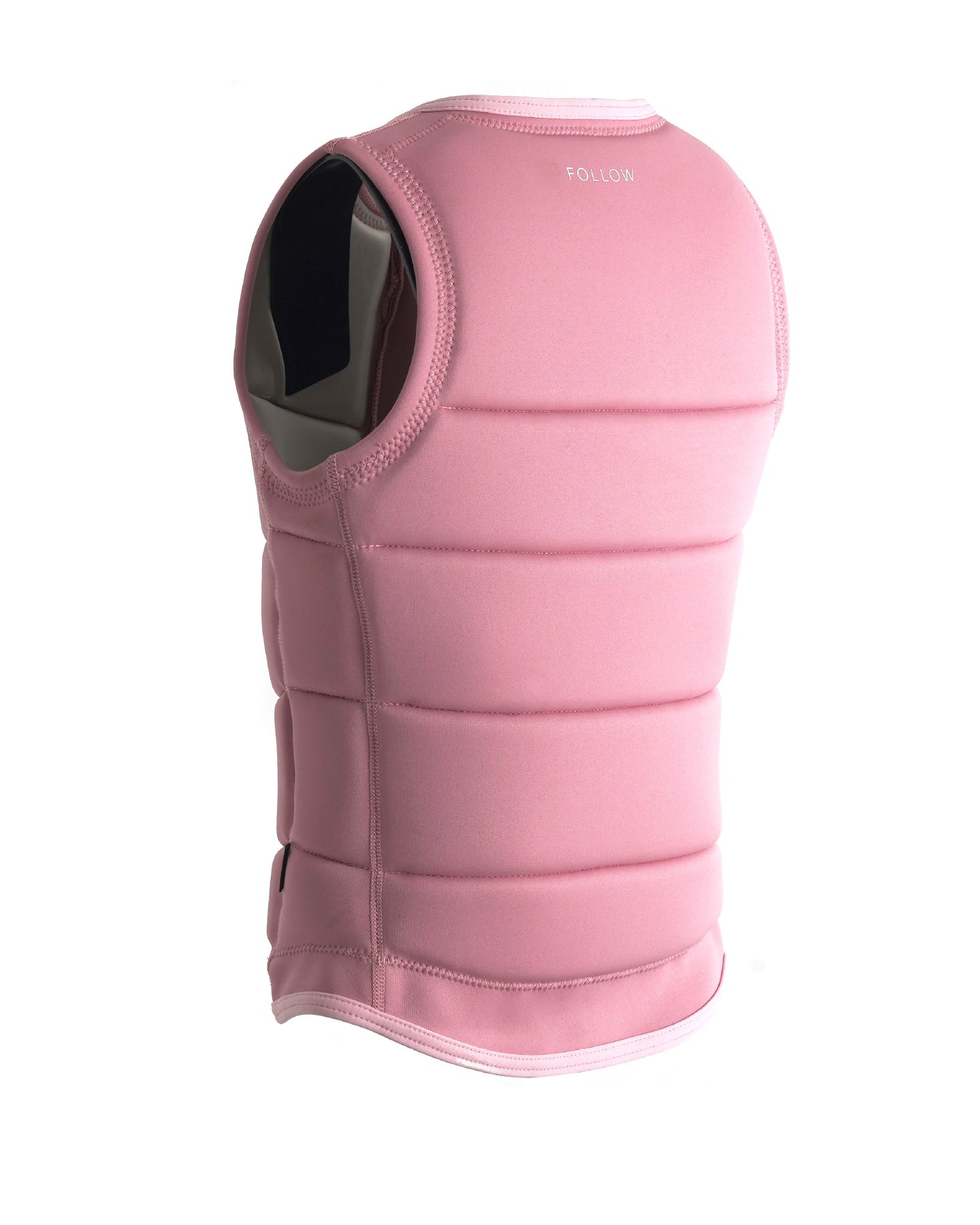 Follow Women's Corp Comp Vest 2024 - A pink vest with a white logo on the chest and a zipper down the front.