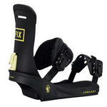 Fix Women's January Snowboard Binding - A black snowboard binding with a yellow logo on the side and a strap that says "January" in white letters.