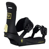 Fix Women's January Snowboard Binding - A black snowboard binding with a yellow logo on the side and a strap that says "January" in white letters.
