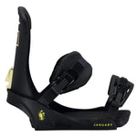 Fix Women's January Snowboard Binding - A black snowboard binding with a yellow logo featuring an animal on the front, and a small metal clip on the back.