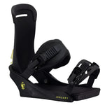 Fix Women's January Snowboard Binding - A black snowboard binding with a yellow logo featuring a bird on the front, and a strap that wraps around the ankle.