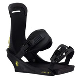 Fix Women's January Snowboard Binding - A black snowboard binding with a yellow logo featuring a bird on the front, and a strap that wraps around the ankle.