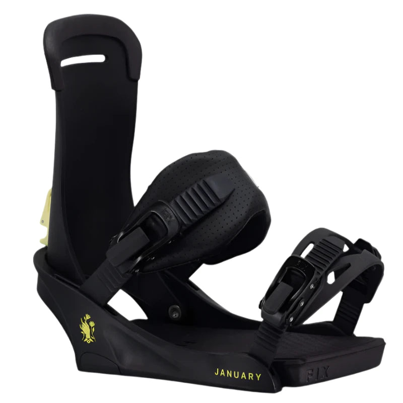 Fix Women's January Snowboard Binding - A black snowboard binding with a yellow logo featuring a bird on the front, and a strap that wraps around the ankle.