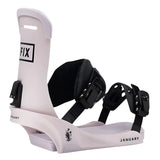 Fix Women's January Snowboard Binding - A white snowboard binding with a black strap and a rectangular logo on the top that says "FIX" in black letters.