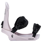 Fix Women's January Snowboard Binding - A white snowboard binding with a black strap and buckle, featuring a logo on the side that says "January" in small letters.