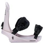 Fix Women's January Snowboard Binding - A white snowboard binding with a black strap and buckle, featuring a logo on the side that says "January" in small letters.