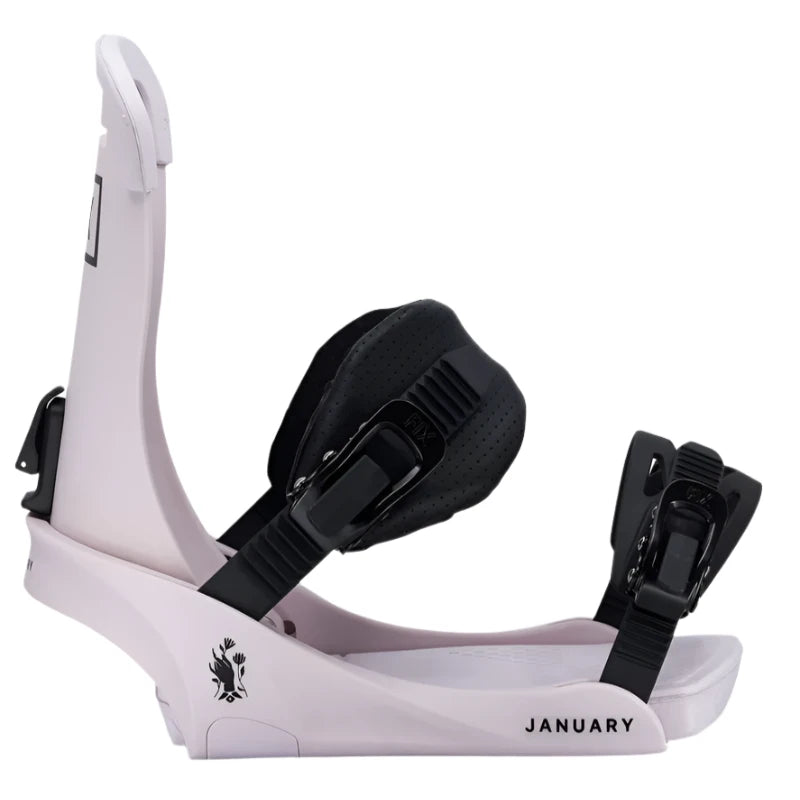 Fix Women's January Snowboard Binding - A white snowboard binding with a black strap and buckle, featuring a logo on the side that says "January" in small letters.