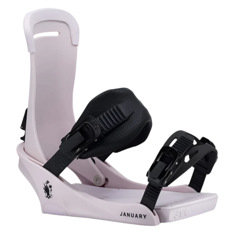 Fix Women's January Snowboard Binding - A white snowboard binding with a black strap and buckle, featuring the word "January" in black letters on the bottom of the baseplate.