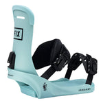 Fix Women's January Snowboard Binding - A light blue snowboard binding with a black strap and buckle, featuring the word "FIX" in black on the top of the binding.