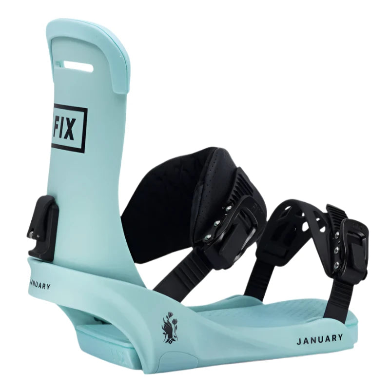 Fix Women's January Snowboard Binding - A light blue snowboard binding with a black strap and buckle, featuring the word "FIX" in black on the top of the binding.