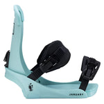 Fix Women's January Snowboard Binding - A light blue snowboard binding with a black strap and buckle on the right side, viewed from the front at an angle.
