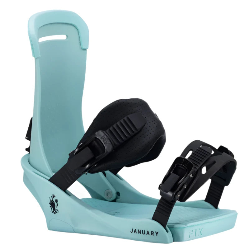 Fix Women's January Snowboard Binding - A light blue snowboard binding with a black strap and buckle, featuring the word "January" in small letters on the side.