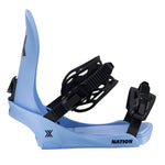 Fix Nation Snowboard Binding - A light blue snowboard binding with a black strap on top and a black logo that says "NATION" in bold letters.