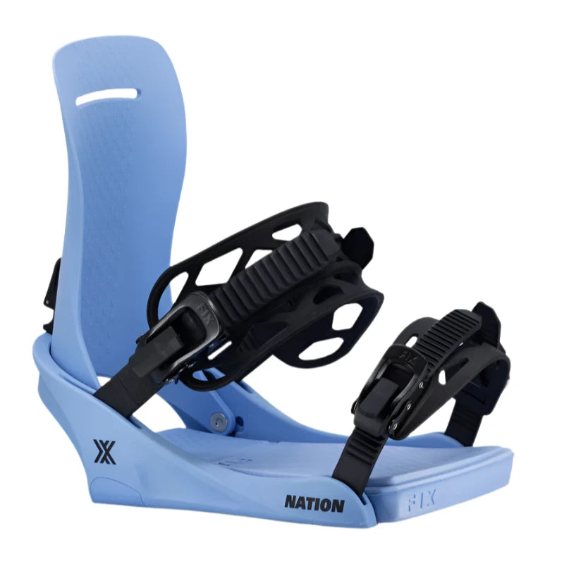 Fix Nation Snowboard Binding 2025 - A light blue snowboard binding with black buckles and straps.
