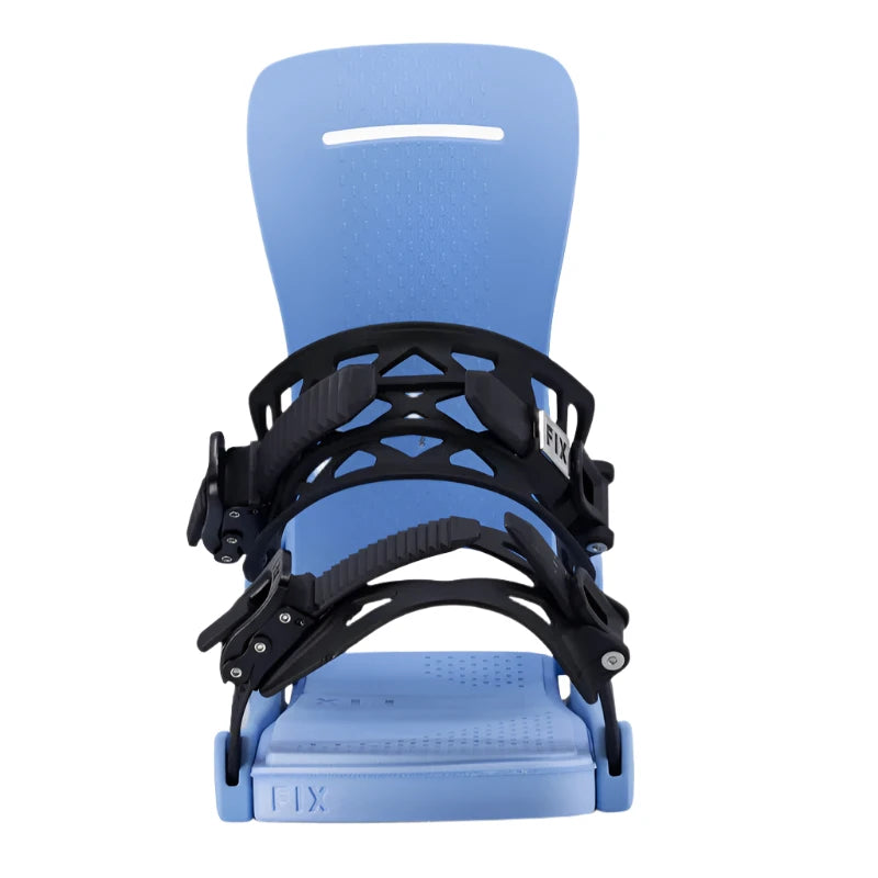 Fix Nation Snowboard Binding 2025 - A light blue snowboard binding with a rectangular cutout at the top of the footbed.