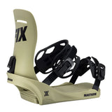 Fix Nation Snowboard Binding - A light green snowboard binding with a black "FIX" logo on the top of the boot area and a black strap that runs across the front of the boot.