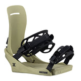 Fix Nation Snowboard Binding - A tan snowboard binding with a black buckle on the right side and a small logo in the bottom left corner.