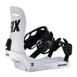 Fix Nation Snowboard Binding 2025 - A white snowboard binding with black hardware and straps, featuring a large "FIX" logo on the top of the boot.