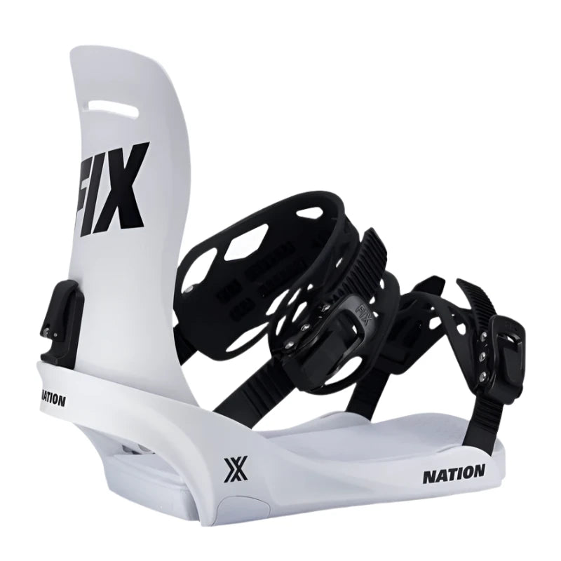 Fix Nation Snowboard Binding 2025 - A white snowboard binding with black hardware and straps, featuring a large "FIX" logo on the top of the boot.