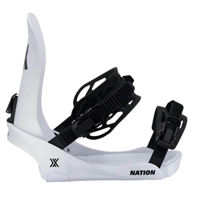 Fix Nation Snowboard Binding 2025 - A white snowboard binding with a black strap and buckle.