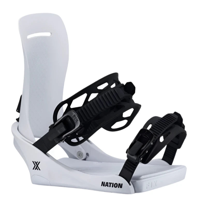 Fix Nation Snowboard Binding 2025 - White snowboard bindings with black buckles and straps.