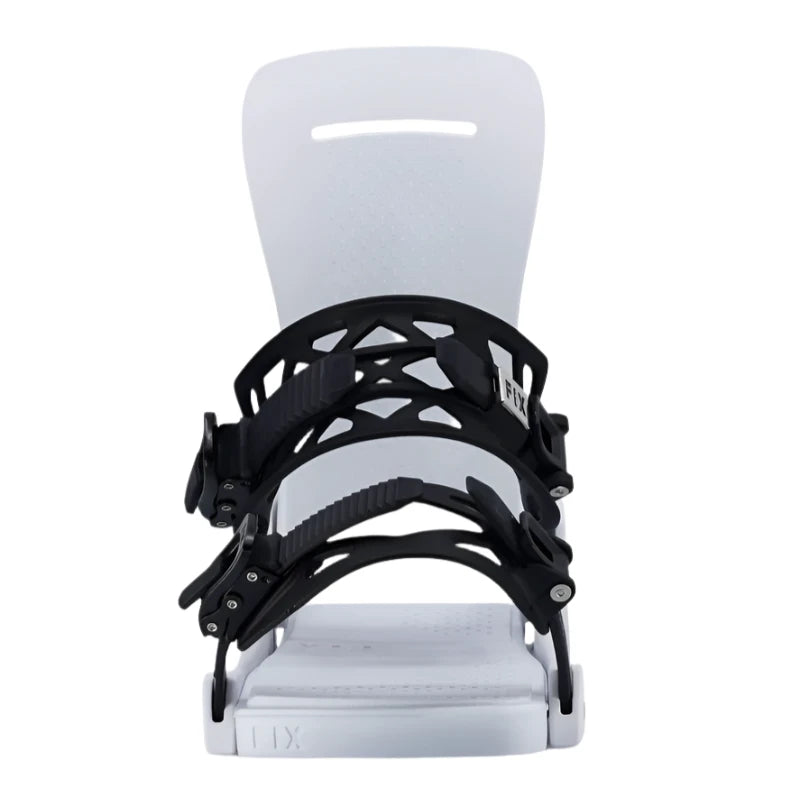 Fix Nation Snowboard Binding 2025 - A black snowboard binding with a white baseplate and straps, featuring a geometric pattern on the strap buckles.
