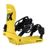 Fix Nation Snowboard Binding 2025 - A bright yellow snowboard binding with black buckles and straps.