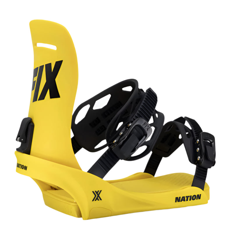 Fix Nation Snowboard Binding 2025 - A bright yellow snowboard binding with black buckles and straps.
