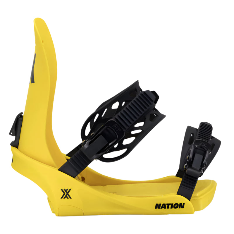 Fix Nation Snowboard Binding 2025 - A yellow snowboard binding with a black plastic base and black buckles.