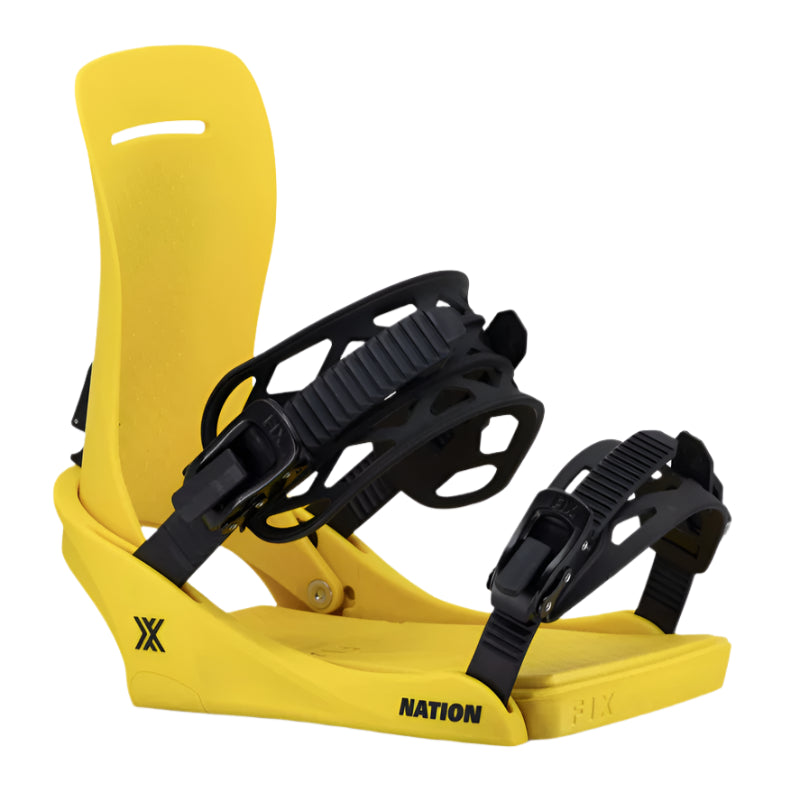 Fix Nation Snowboard Binding 2025 - A bright yellow snowboard binding with black buckles and straps.