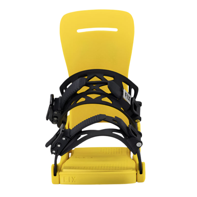 Fix Nation Snowboard Binding 2025 - A black snowboard binding with a rectangular cutout at the top of the strap, featuring a white logo that reads "FIX" on the right side.