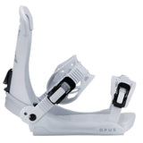 Fix Women's Opus Snowboard Binding - A white snowboard binding with a black buckle and strap, featuring a sleek design on a solid white background.