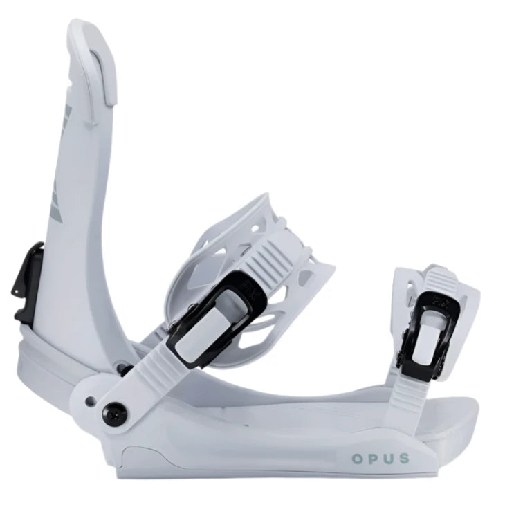 Fix Women's Opus Snowboard Binding - A white snowboard binding with a black buckle and strap, featuring a sleek design on a solid white background.