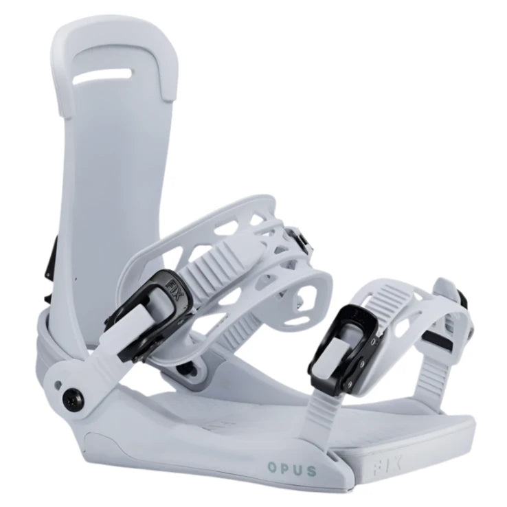 Fix Women's Opus Snowboard Binding - A white snowboard binding with black buckles and straps, featuring a sleek design with cutouts on the top plate.