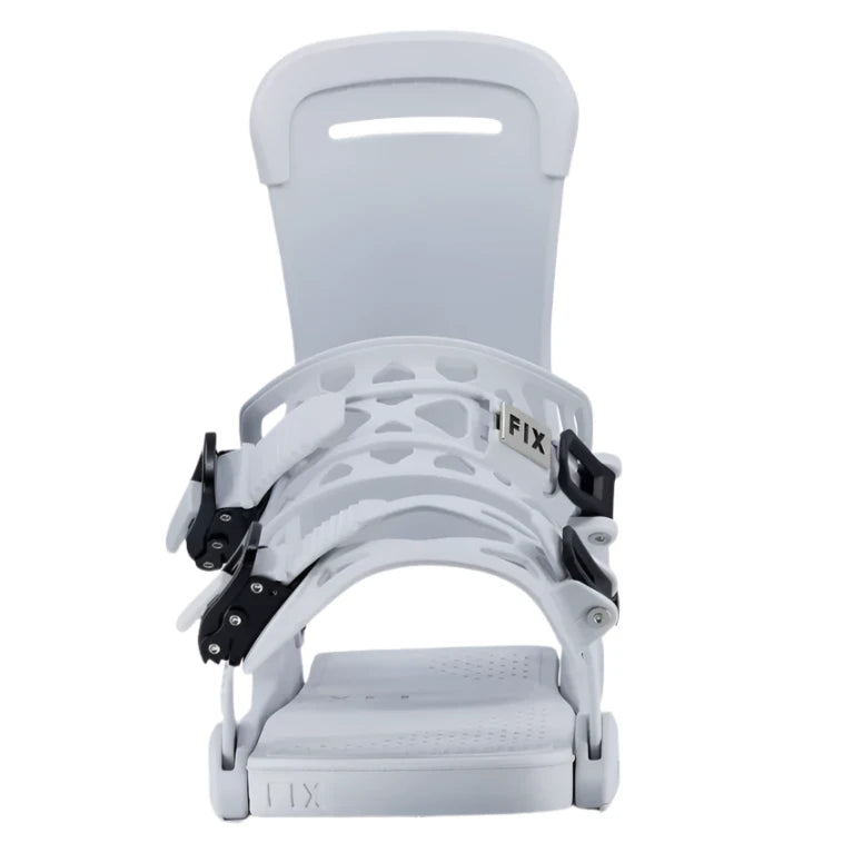 Fix Women's Opus Snowboard Binding - A white snowboard binding with a black strap and silver screws.