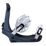 Fix Peak Snowboard Binding 2025 - A dark gray snowboard binding with white buckles and a black strap.