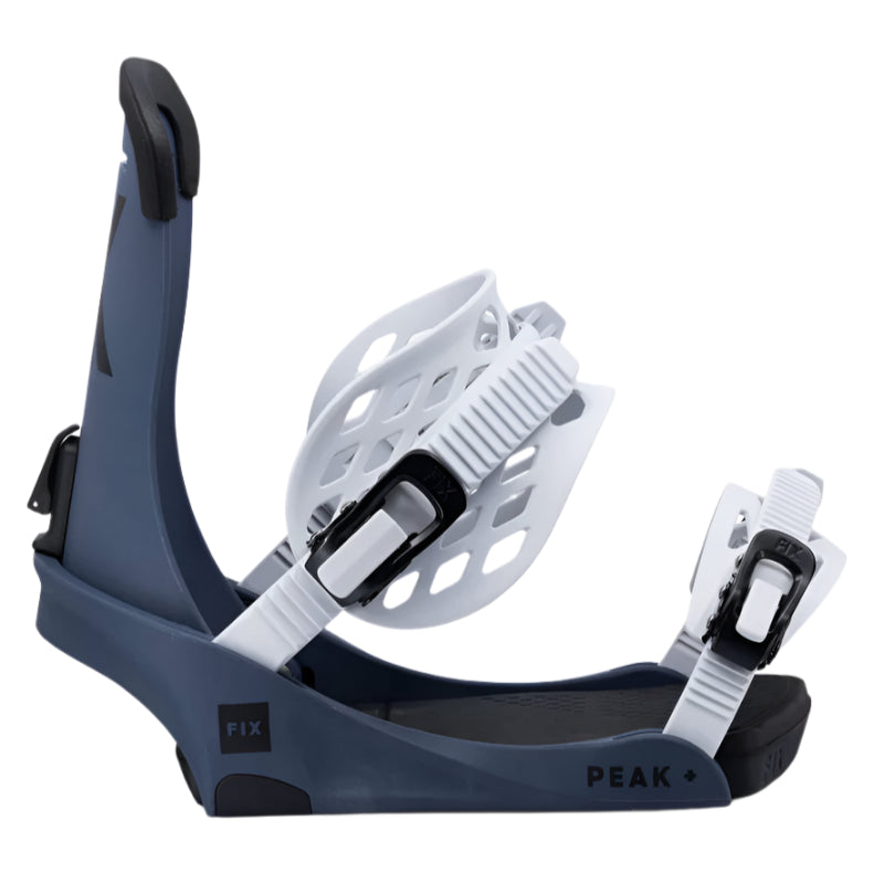 Fix Peak Snowboard Binding 2025 - A dark gray snowboard binding with white buckles and a black strap.