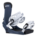 Fix Peak Snowboard Binding 2025 - A dark blue snowboard binding with white buckles and a black strap on top.