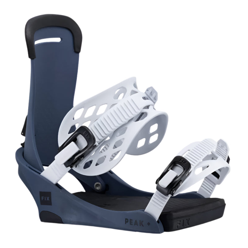 Fix Peak Snowboard Binding 2025 - A dark blue snowboard binding with white buckles and a black strap on top.
