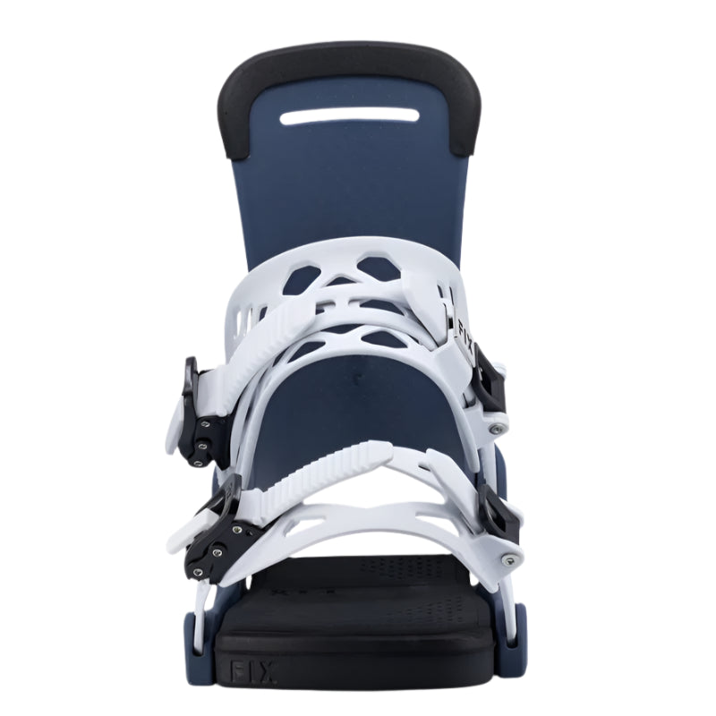 Fix Peak Snowboard Binding 2025 - A black snowboard binding with white straps and buckles, featuring a sleek design on a solid background.