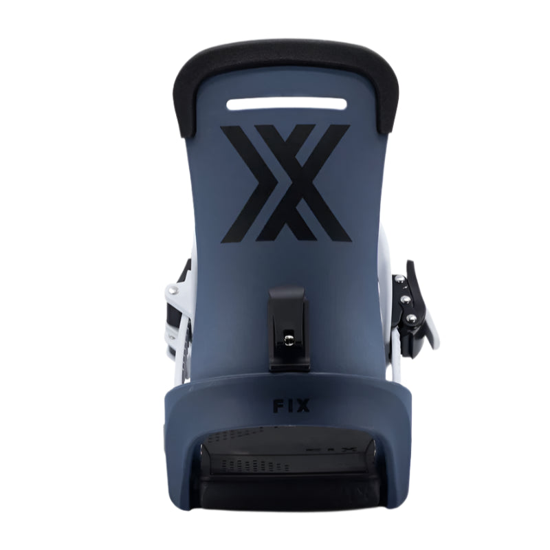 Fix Peak Snowboard Binding 2025 - A black snowboard binding with a white logo on top and silver screws.